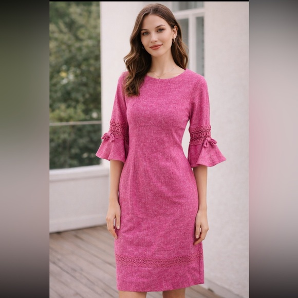Vintage Dresses & Skirts - Vintage Pink woven Linen Blend Dress Lace Trim Bell Sleeve Cottagecore 70s 80s
